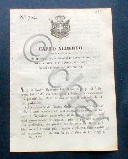 Decreto Carlo Alberto - I mutuatari contro il deposito di …