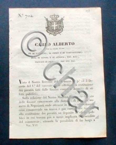 Decreto Carlo Alberto - I mutuatari contro il deposito di …
