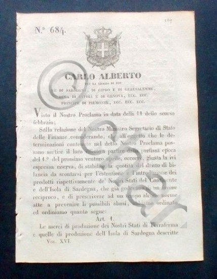 Decreto Carlo Alberto - Tabella delle Merci Nazionali Stati di … | Immagine principale