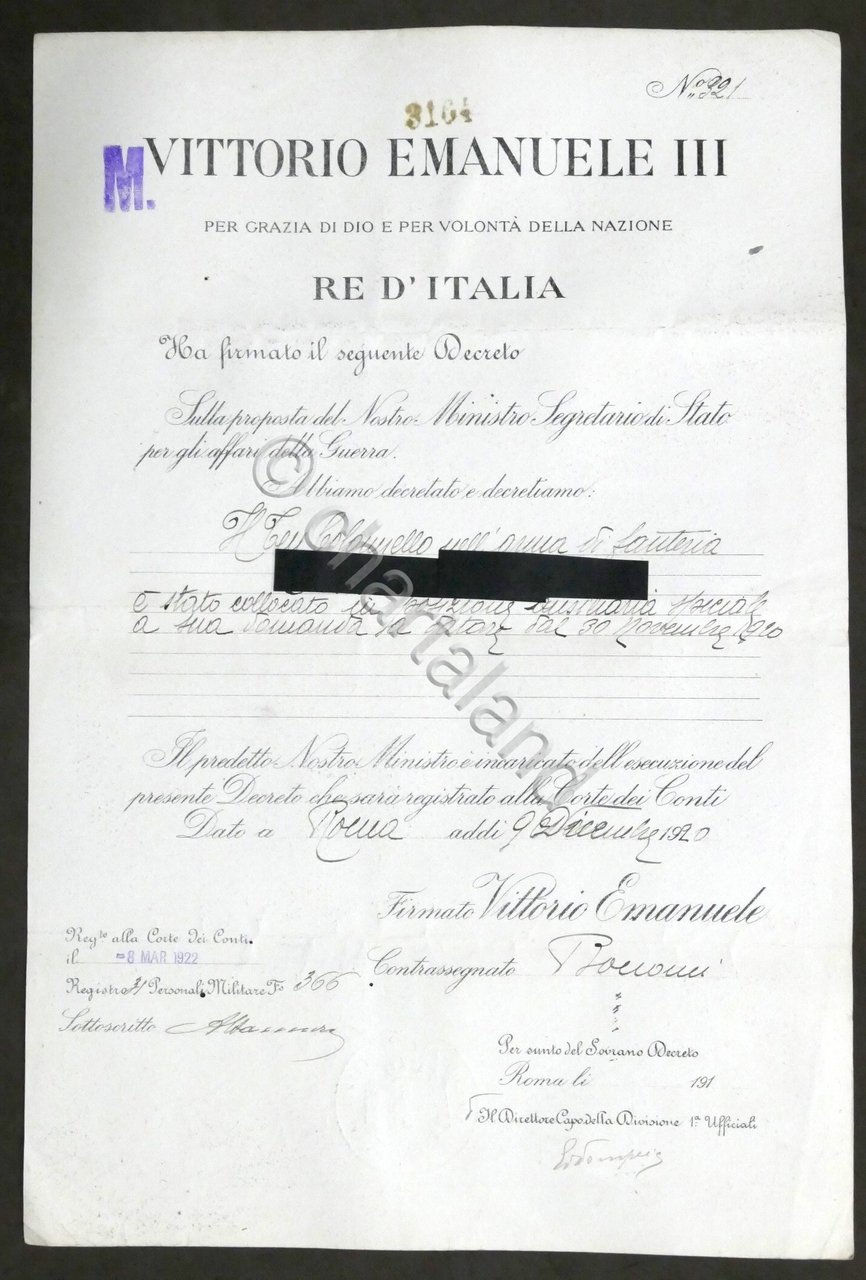 Decreto collocamento posizione ausiliaria speciale Tenente Colonnello - 1922