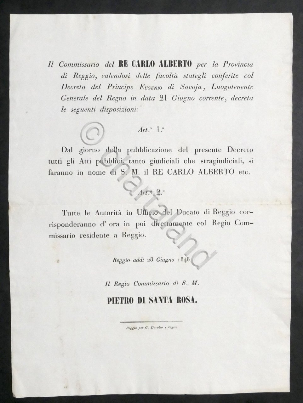 Decreto disposizioni amministrative del Re Carlo Alberto per Ducato Reggio …