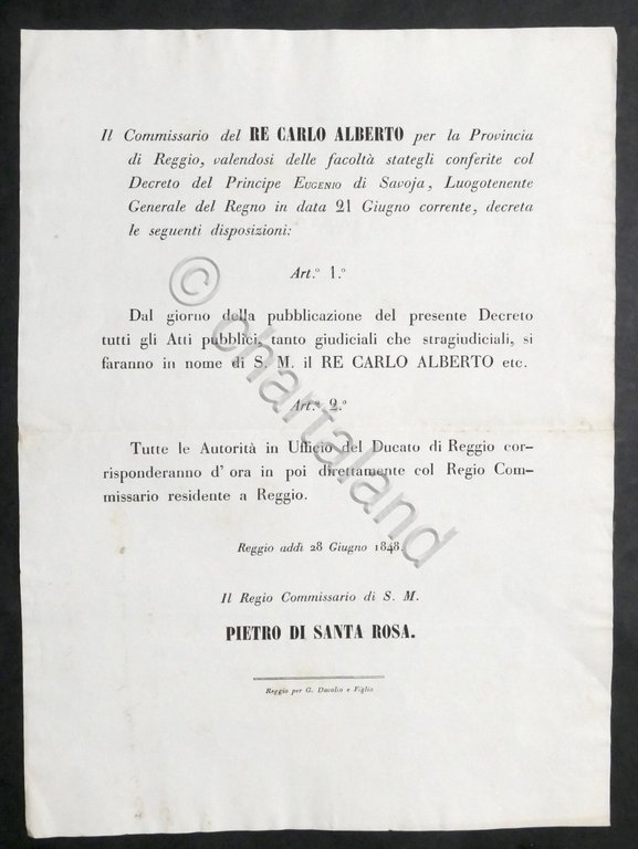 Decreto disposizioni amministrative del Re Carlo Alberto per Ducato Reggio 1848