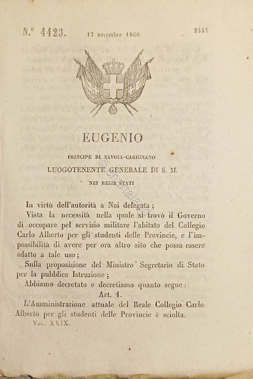 Decreto Eugenio - Amministrazione attuale del Reale Collegio Carlo Alberto …