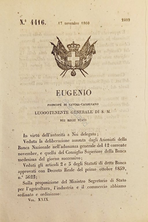 Decreto Eugenio - Banca Nazionale di Bergamo, Brescia, Como e Modena - 1860
