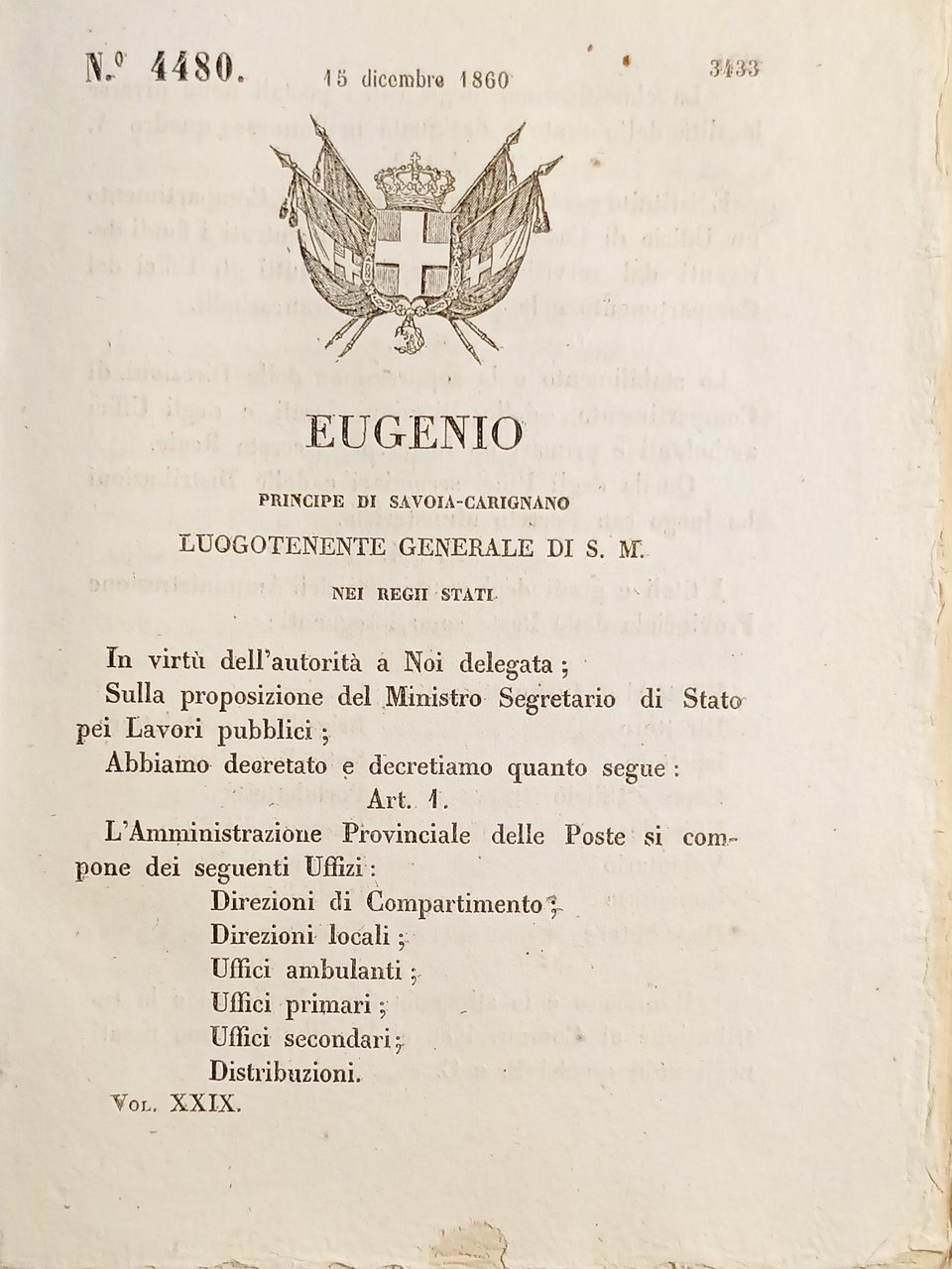 Decreto Eugenio - Classificazione Uffici postali nelle diverse località - …