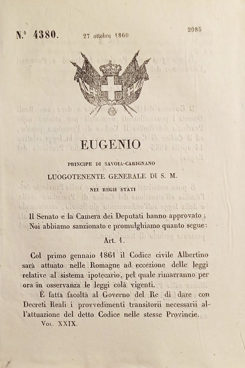 Decreto Eugenio - Codice civile Albertino sarà attuato nelle Romagne …