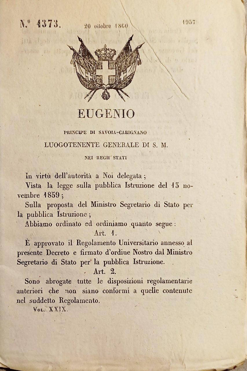 Decreto Eugenio - È approvato il Regolamento Universitario - 1860