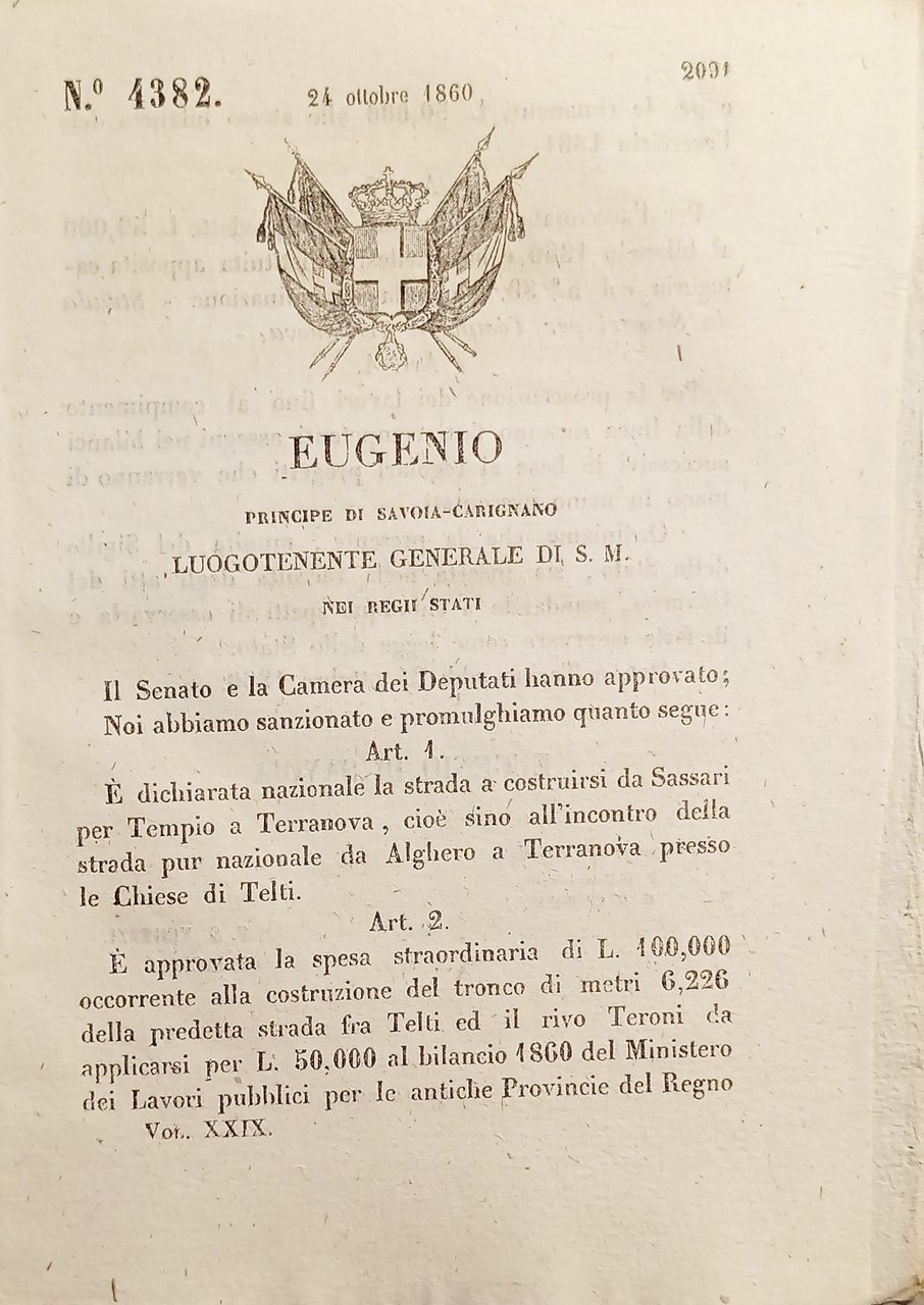 Decreto Eugenio - È dichiarata strada da Sassari per Tempio …