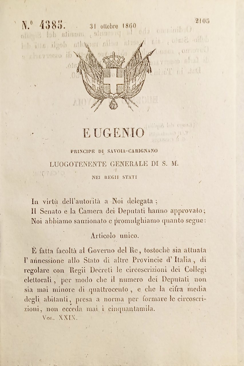 Decreto Eugenio - È fatta facoltà al Governo del Re …