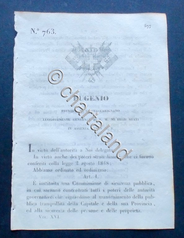 Decreto Eugenio - Instituzione Commissione di sicurezza pubblica - 1848