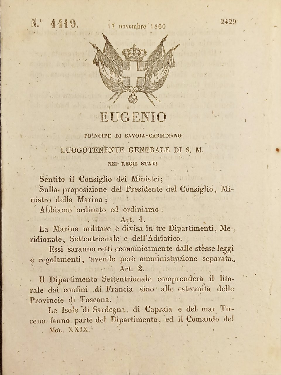 Decreto Eugenio - La Marina Militare è divisa in tre …