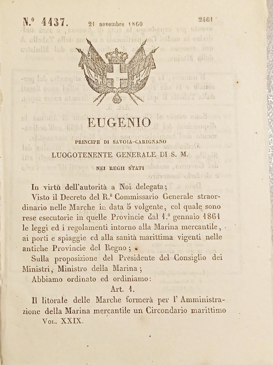 Decreto Eugenio - Litorale delle Marche formerà un Circondario Marittimo …