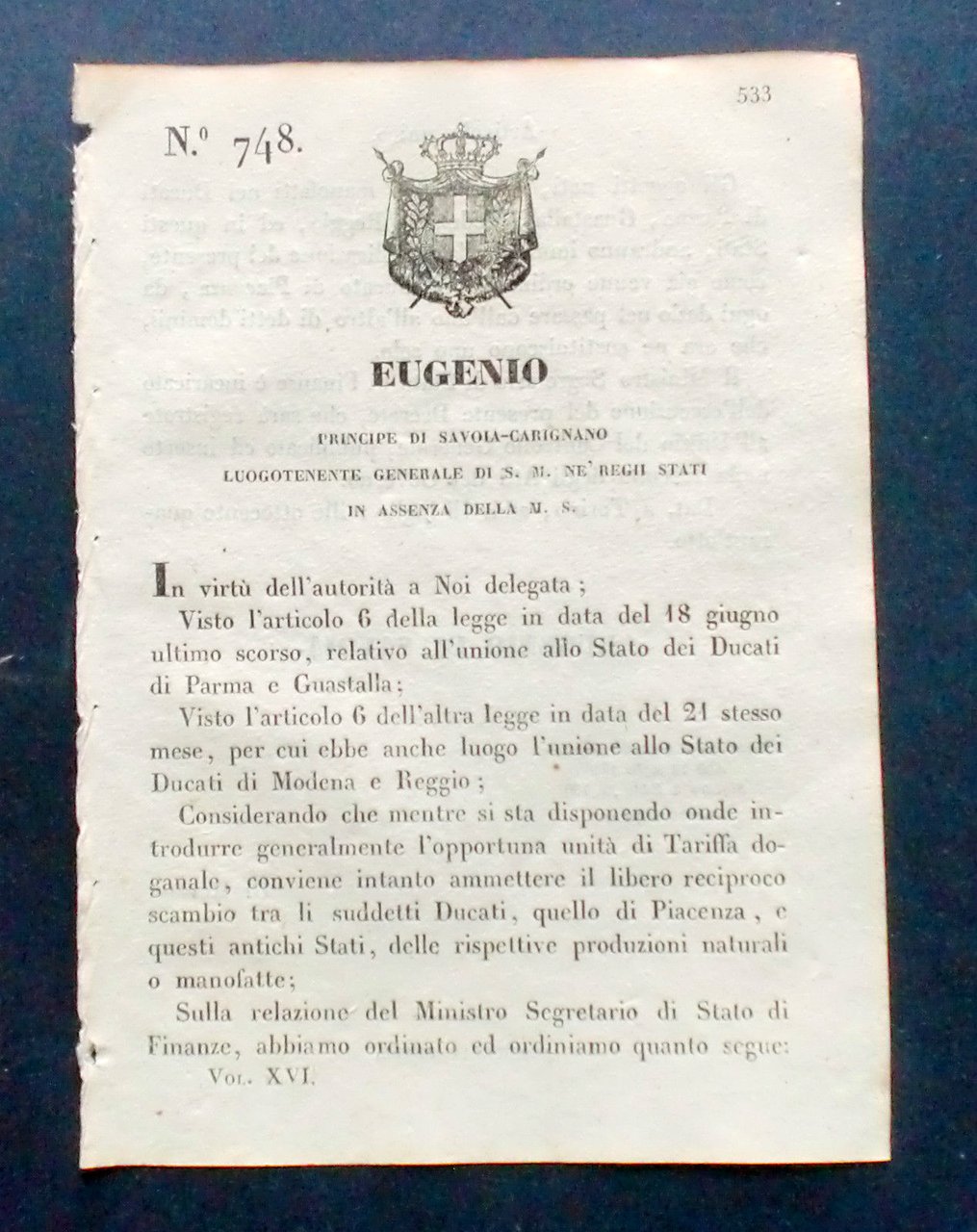Decreto Eugenio - Oggetti immuni da ogni dazio passaggio Ducati … | Immagine principale