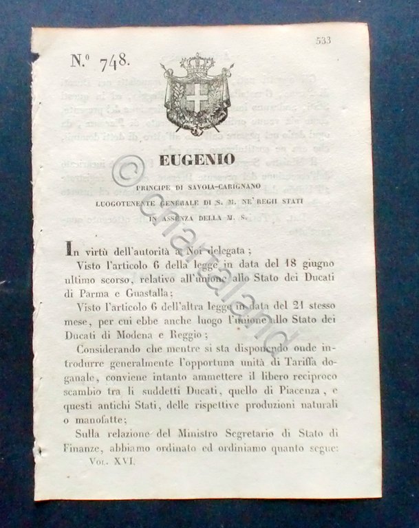 Decreto Eugenio - Oggetti immuni da ogni dazio passaggio Ducati … | Immagine Gallery 2