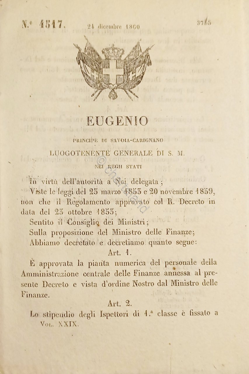 Decreto Eugenio - Pianta del Personale dell'Amministrazione delle Finanze - …