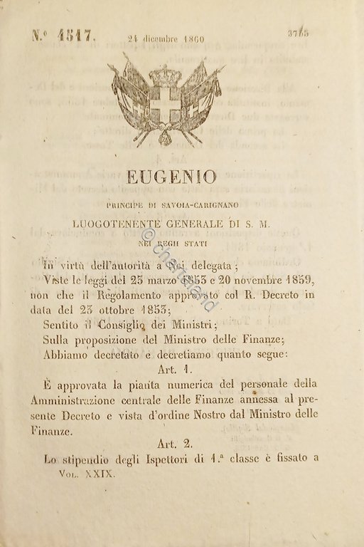 Decreto Eugenio - Pianta del Personale dell'Amministrazione delle Finanze - …