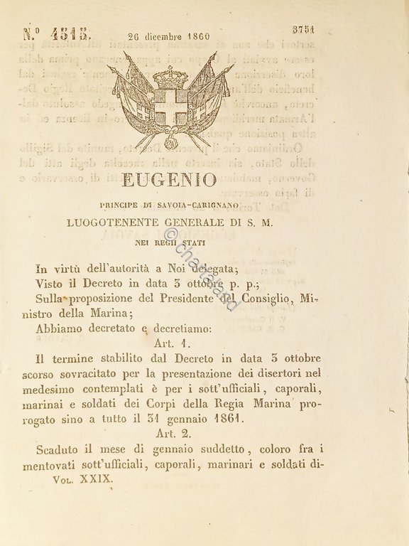 Decreto Eugenio - Presentazione dei disertori della Regia Marina - …