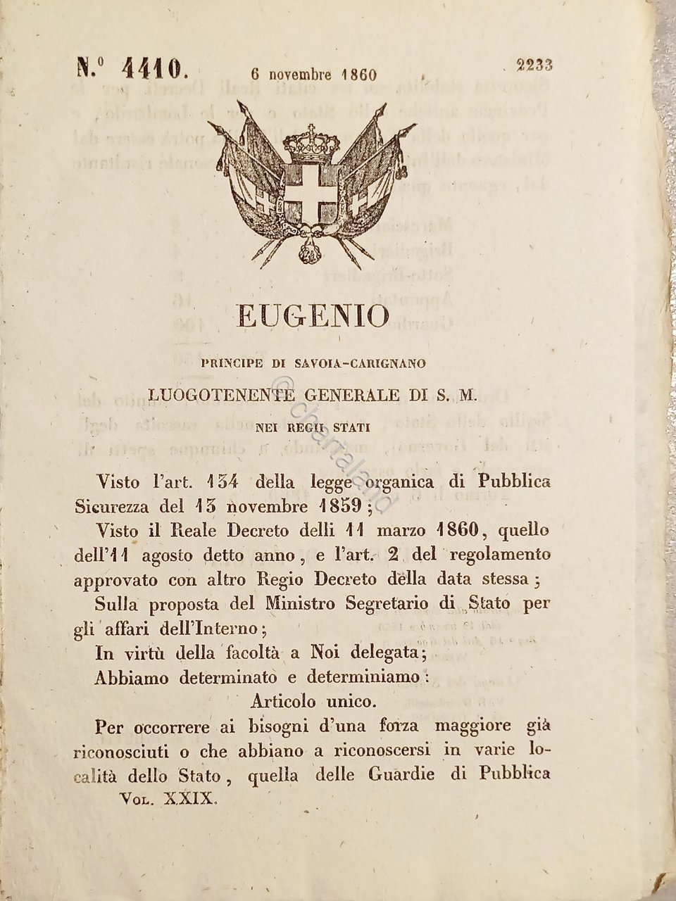 Decreto Eugenio - Pubblica Sicurezza stabilita con tre Reali Decreti …