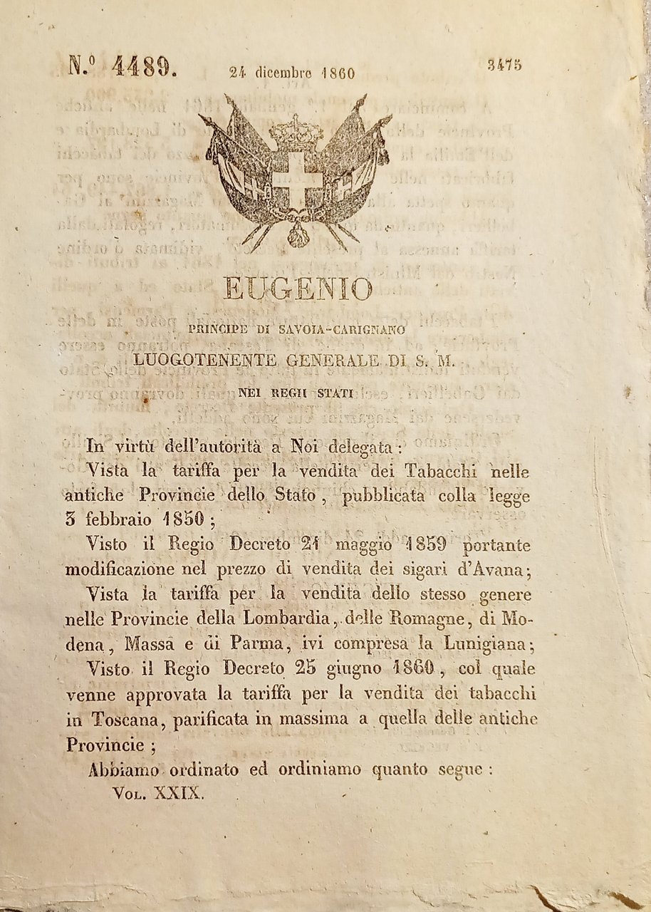 Decreto Eugenio - Qualità peso ed prezzo dei Tabacchi in …