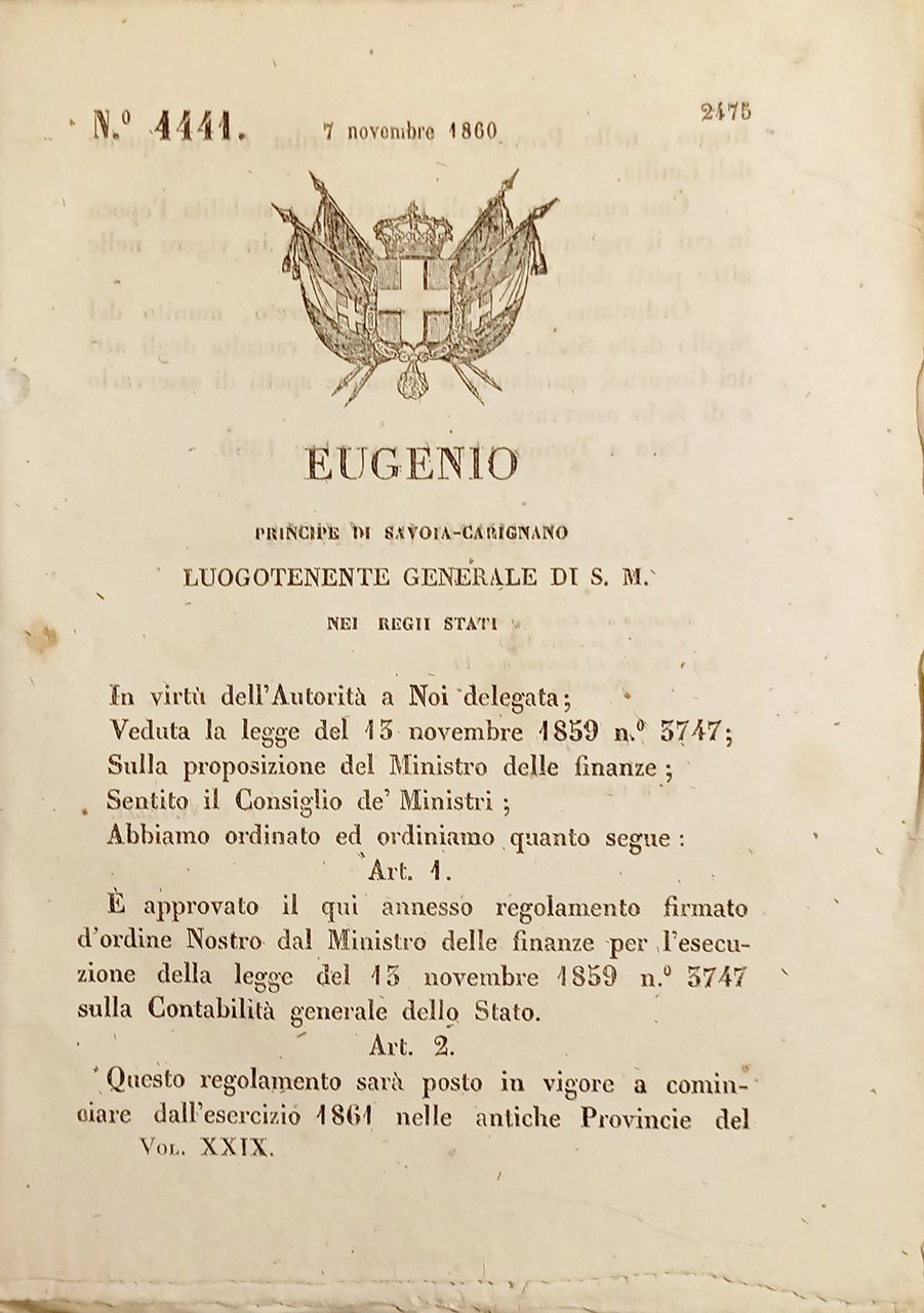 Decreto Eugenio - Regolamento dal Ministro Finanze Contabilità dello Stato …