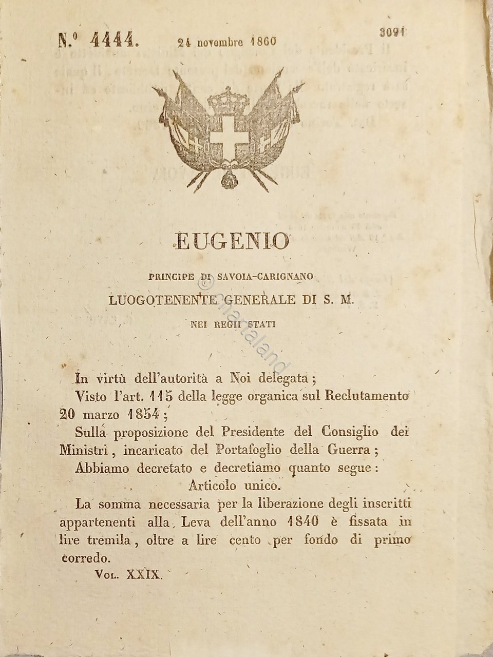Decreto Eugenio - Somma per liberazione iscritti appartenenti alla Leva …
