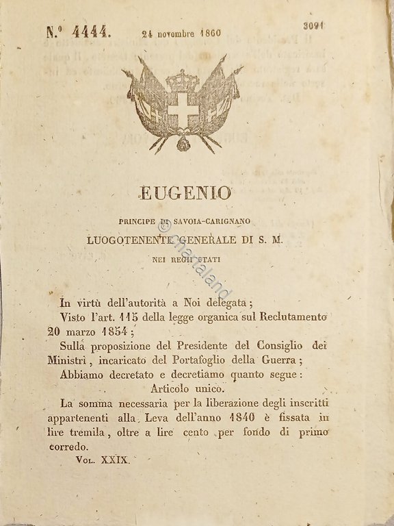 Decreto Eugenio - Somma per liberazione iscritti appartenenti alla Leva …