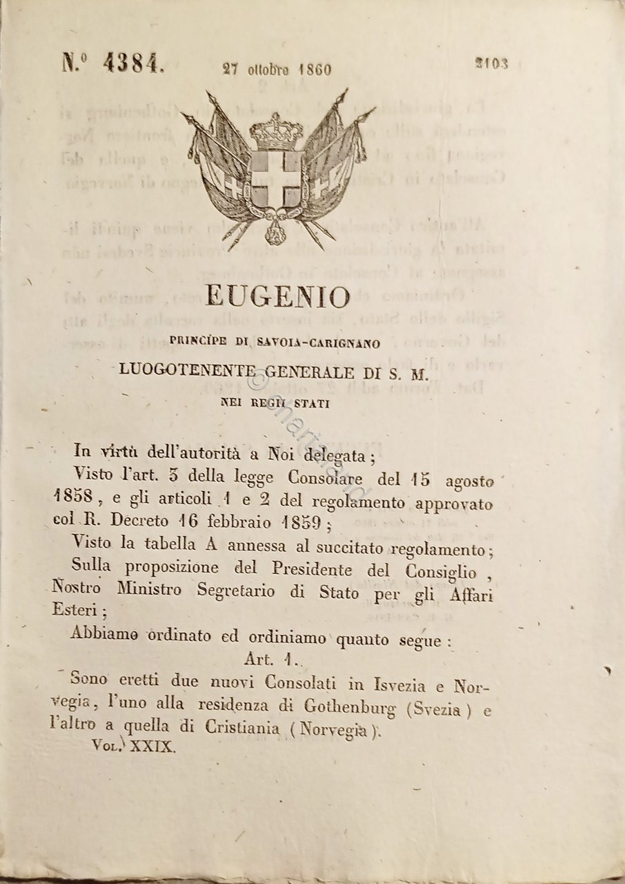 Decreto Eugenio - Sono eretti due nuovi Consolati in Svezia …