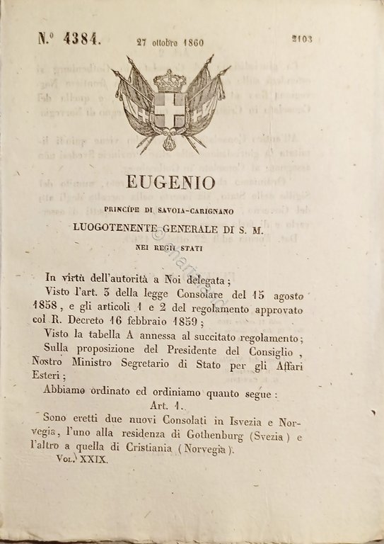 Decreto Eugenio - Sono eretti due nuovi Consolati in Svezia e Norvegia - 1860