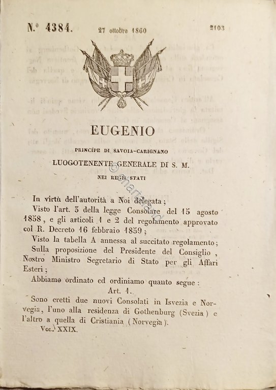 Decreto Eugenio - Sono eretti due nuovi Consolati in Svezia …