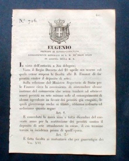 Decreto Eugenio - Sospensione facoltà di far prestiti deposito di … | Immagine principale
