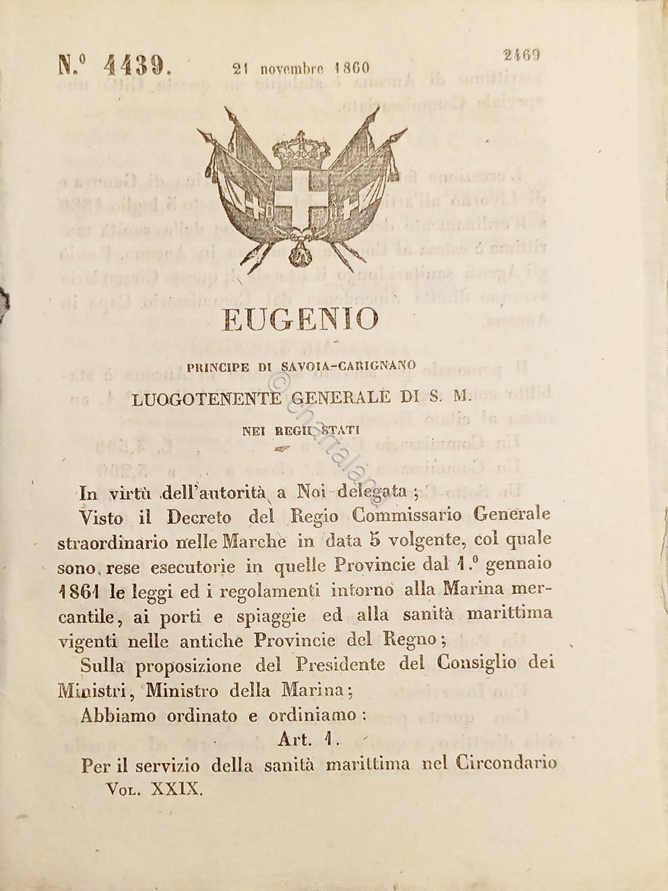 Decreto Eugenio - Stabilito Commissariato nel Circondario marittimo Ancona 1860