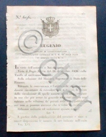 Decreto Eugenio - Tariffa temporaria di tolleranza infra notate monete …