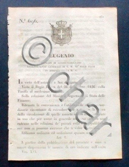 Decreto Eugenio - Tariffa temporaria di tolleranza infra notate monete …