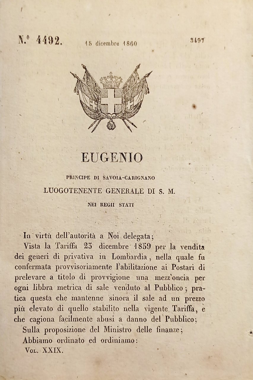 Decreto Eugenio Abolita facoltà rivenditori sale al minuto nella Lombardia …