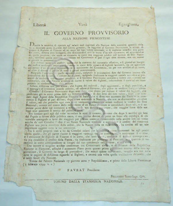 Decreto Governo Provv. Nazione Piemontese Riduzione Valore Carta Moneta 1799