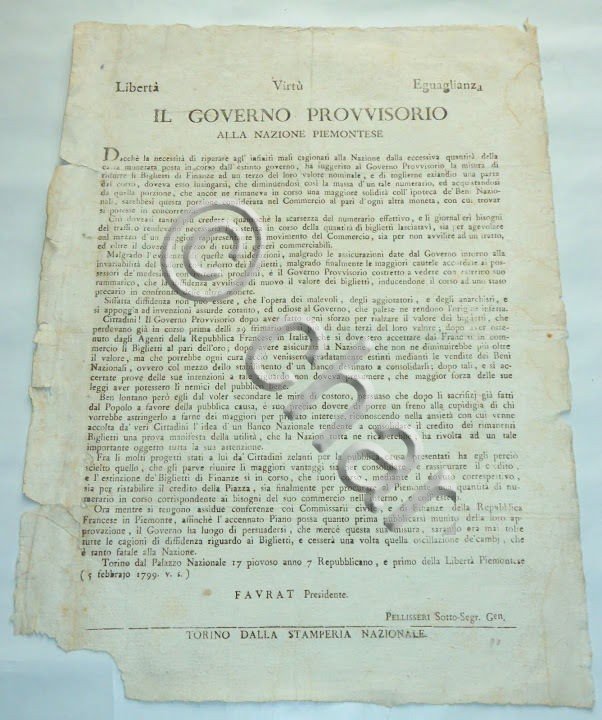 Decreto Governo Provv. Nazione Piemontese Riduzione Valore Carta Moneta 1799