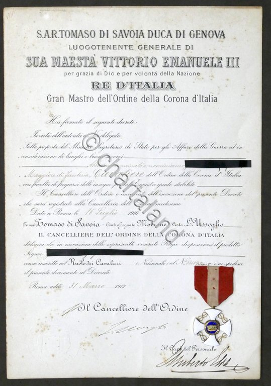 Decreto nomina a Cavaliere Ordine della Corona d'Italia e decorazione …