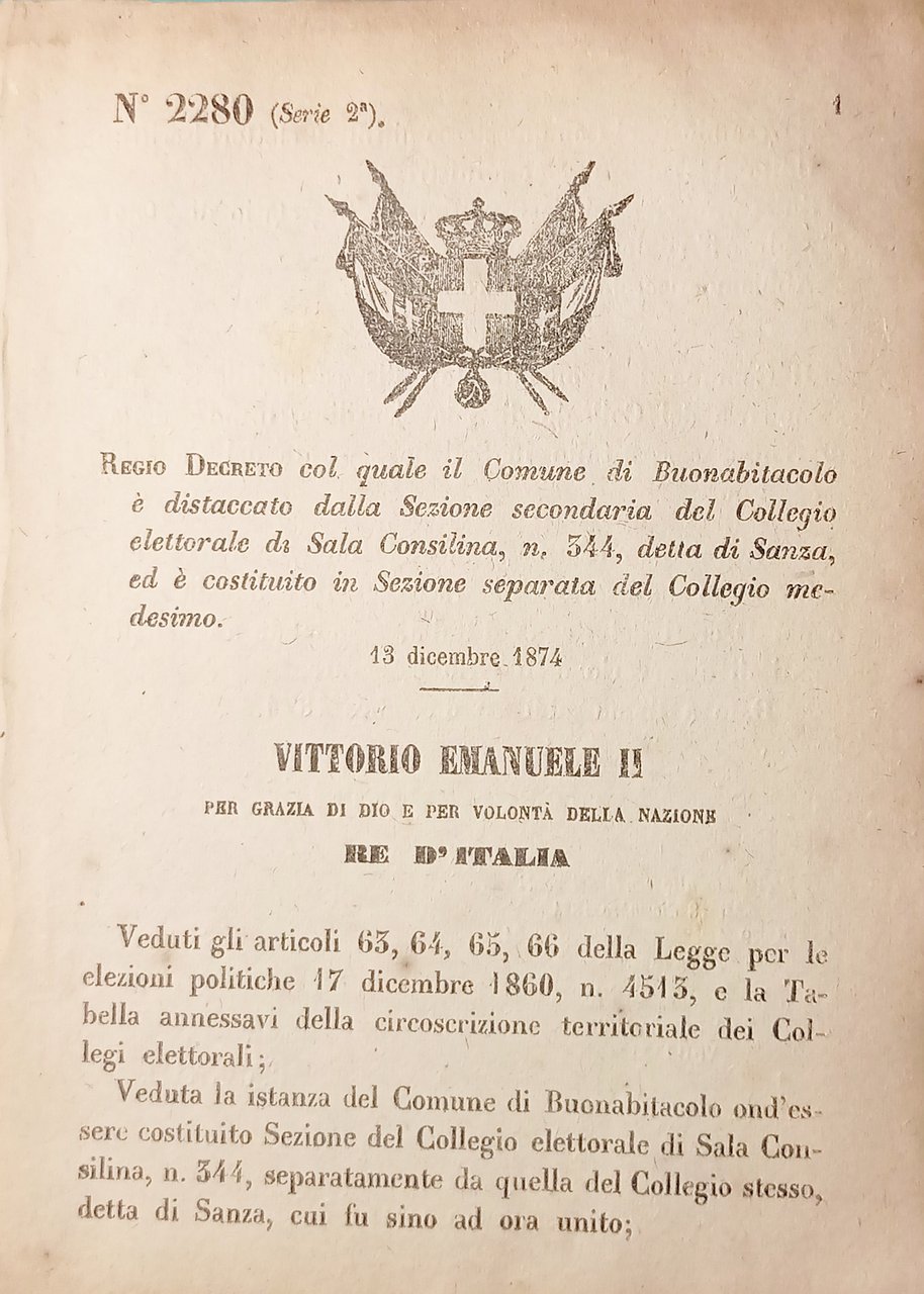 Decreto Regno d'Italia - Buonabitacolo è distaccato dalla Sala Consilina …