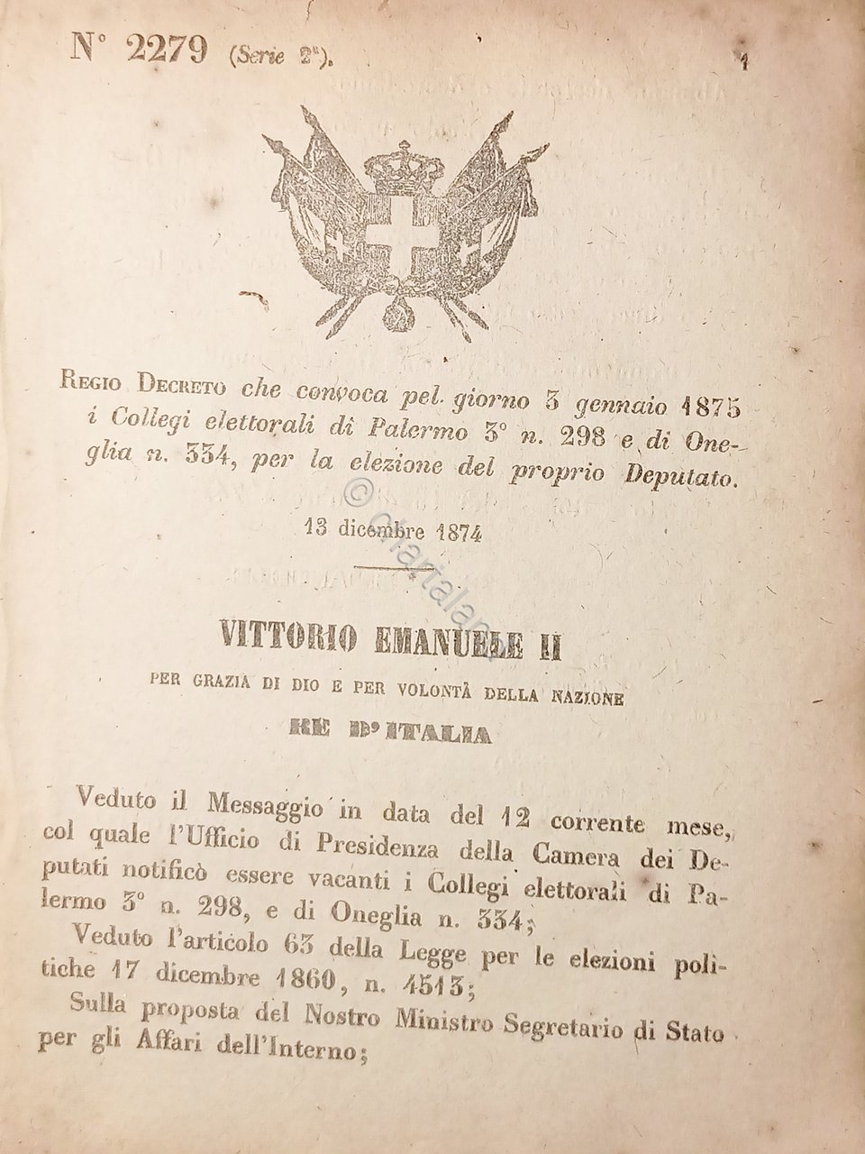 Decreto Regno d'Italia - Convoca Collegi elettorali di Palermo e …
