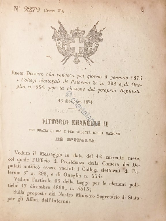Decreto Regno d'Italia - Convoca Collegi elettorali di Palermo e …