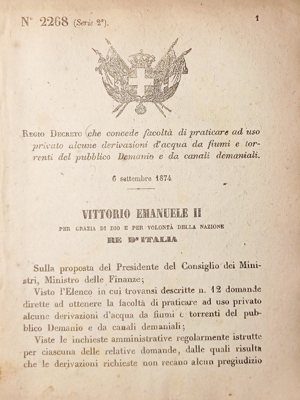 Decreto Regno d'Italia - Facoltà praticare uso privato derivazioni d'acqua …