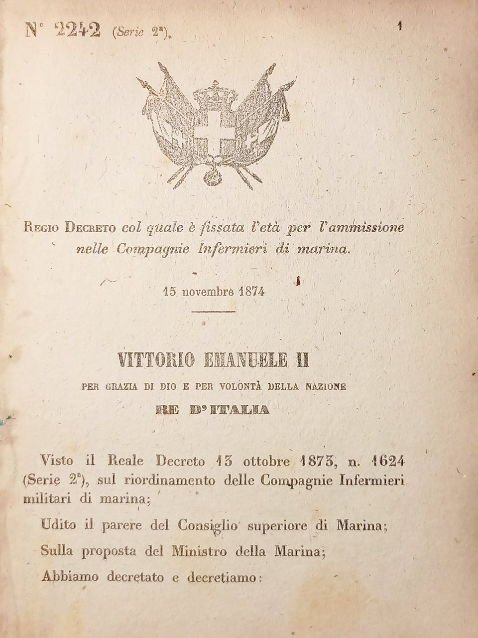 Decreto Regno d'Italia - Fissata età ammissione Compagni Infermieri marina …