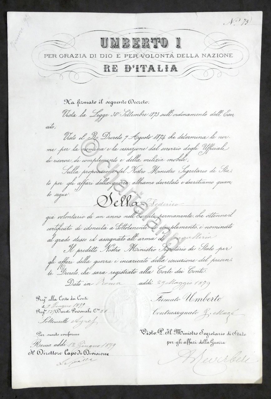 Decreto Regno d'Italia - Nomina a Sottotenente di Cavalleria Federico …