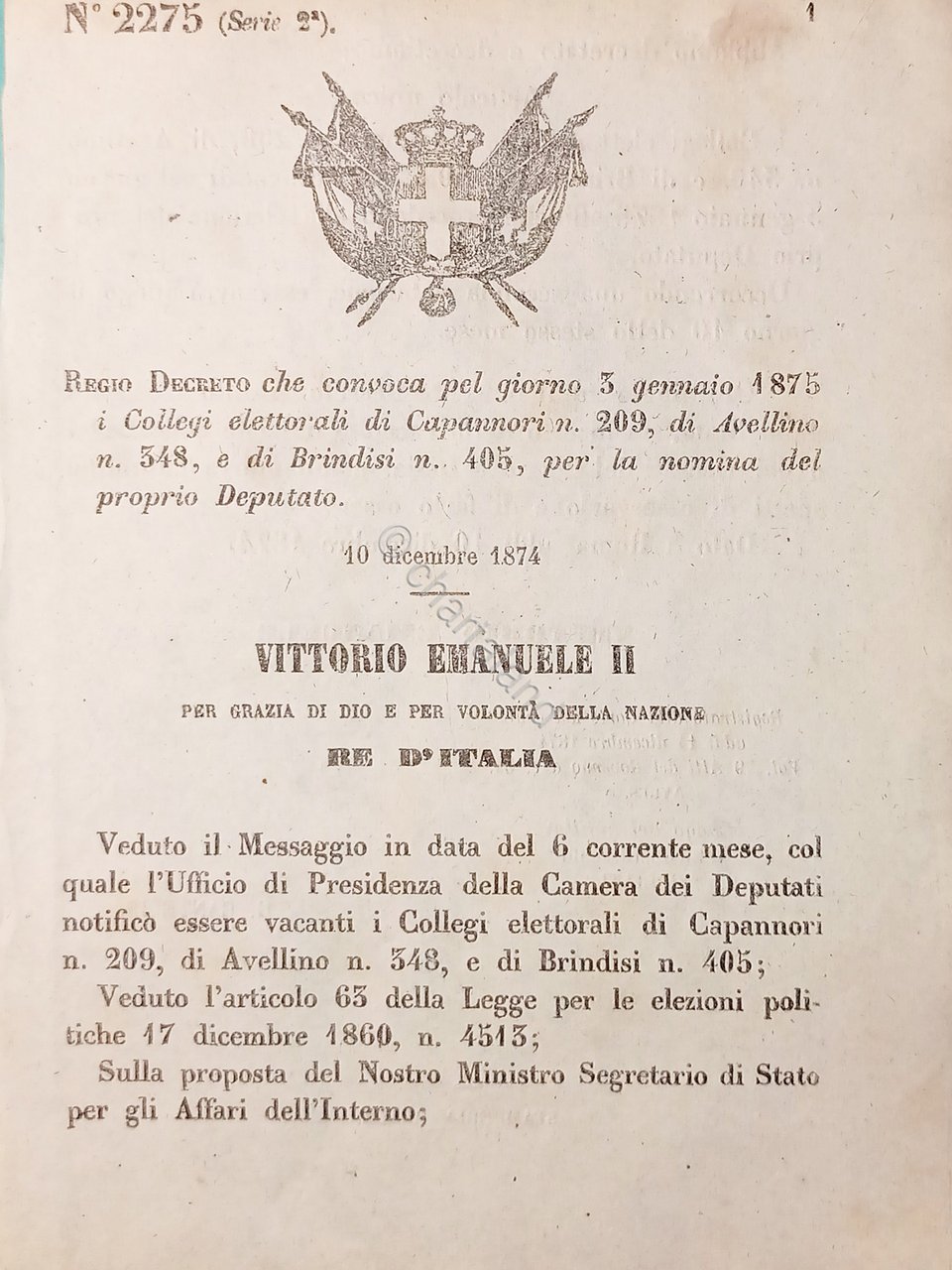 Decreto Regno d'Italia Convoca Collegi elet. Capannori, Avellino e Brindisi …