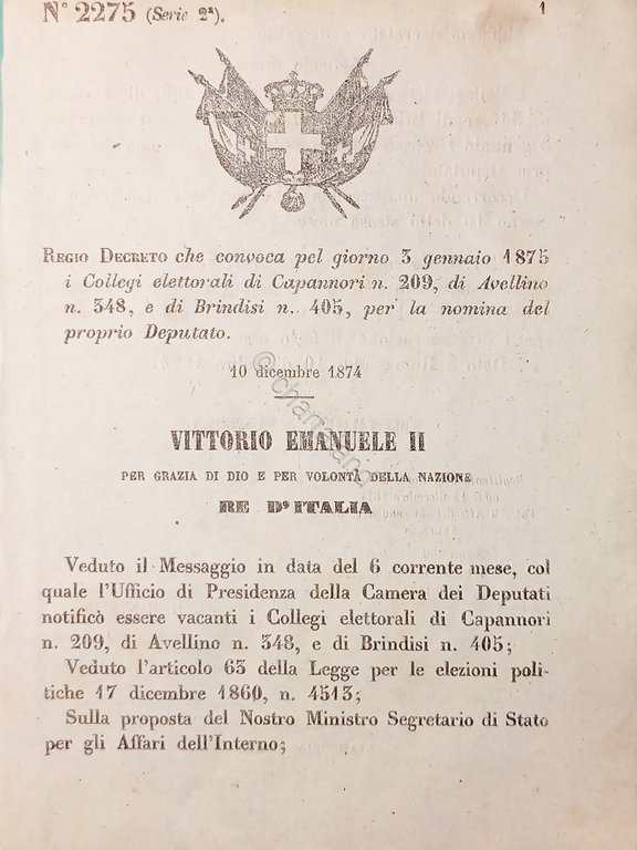 Decreto Regno d'Italia Convoca Collegi elet. Capannori, Avellino e Brindisi 1874