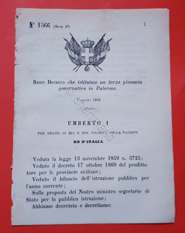 Decreto Regno Italia - Aggiunte quattro strade provinciali di Reggio Emilia 1883