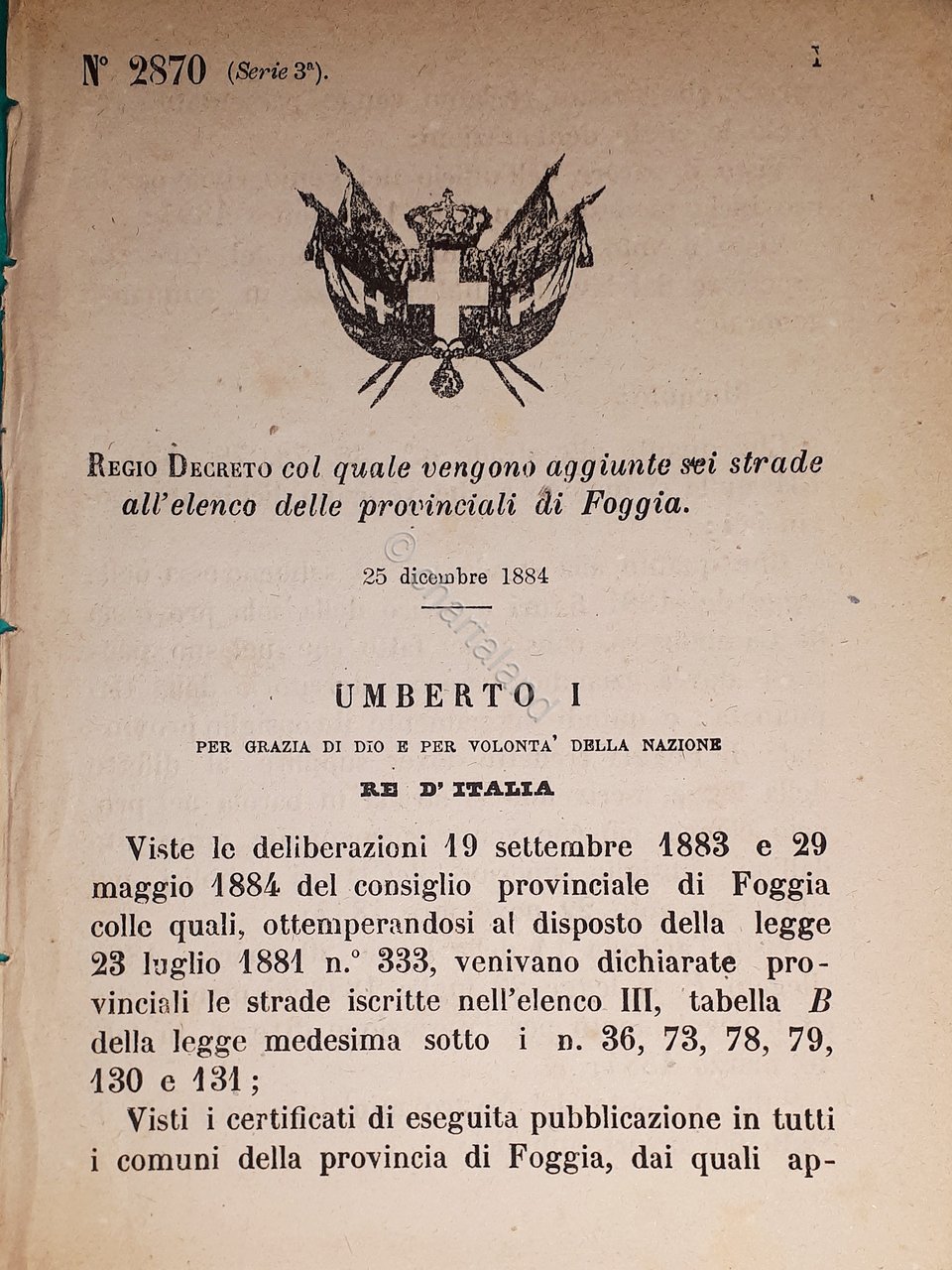 Decreto Regno Italia - Aggiunte sei strade all'elenco provinciali di … | Immagine principale