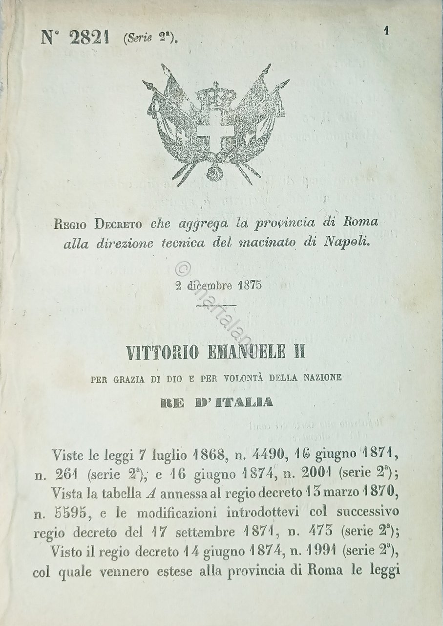 Decreto Regno Italia - Aggrega provincia Roma alla direzione tecnica …