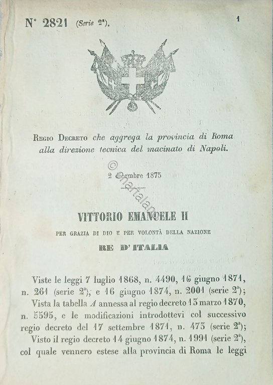 Decreto Regno Italia - Aggrega provincia Roma alla direzione tecnica …