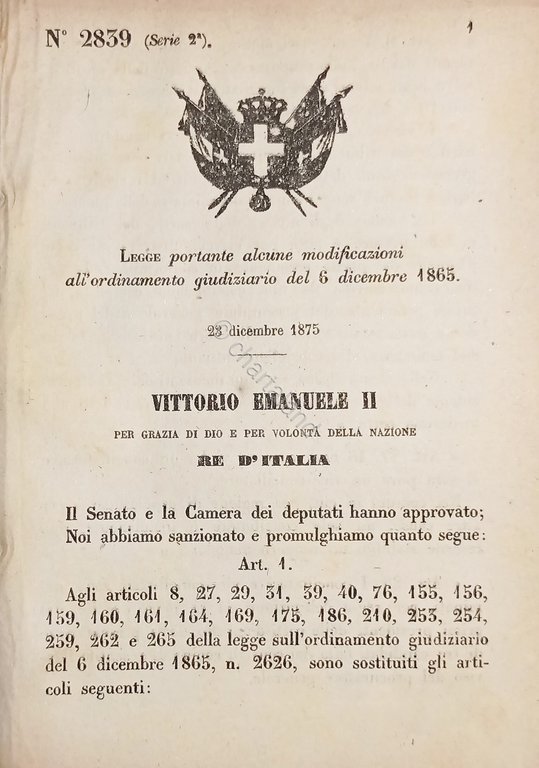 Decreto Regno Italia - Alcune modificazioni all'ordinamento giudiziario - 1875 | Immagine Gallery 1